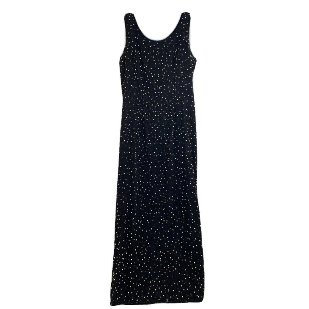VTG Scala Womens Large Dress Long Beaded Black Gold Evening